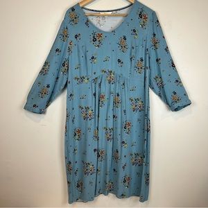 BODEN BLUE FLORAL PRINT SCOOP NECK 3/4 SLEEVE SHIFT DRESS Size 14L